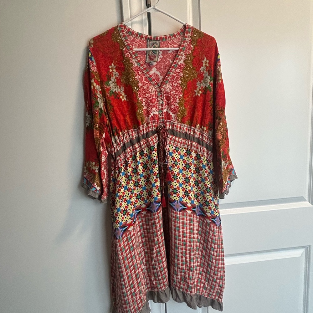 Johnny Was Red Rayne V Neck Crepe Dress